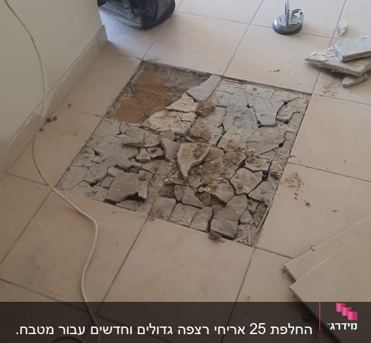 רצפה עם אריחים שבורים בתהליך שיפוץ